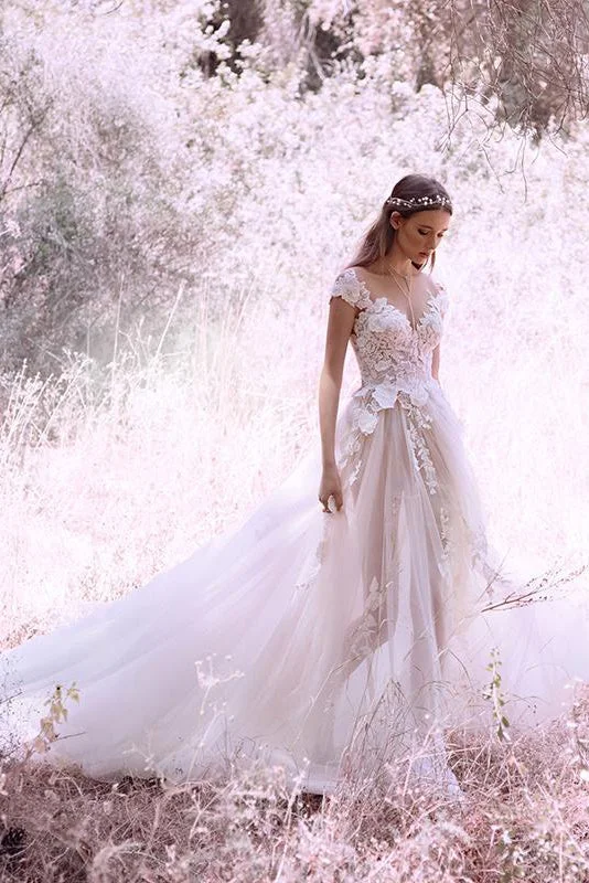 Urban-chicPrincess Ivory Cap Sleeve Tulle Long Cheap Wedding Dress OKM84
