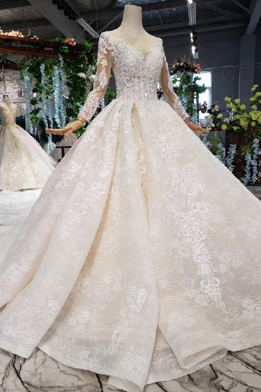 Vintage-chicPrincess Long Sleeves Ball Gown Lace Wedding Dress, Long Bridal Dress OKN43