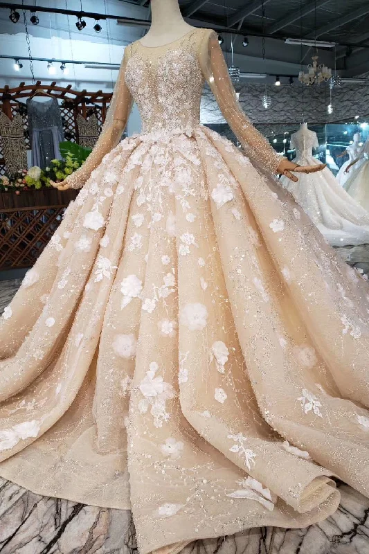 ElegantPrincess Long Sleeves Ball Gown Wedding Dress, Floral Appliques Wedding Gown OKJ95