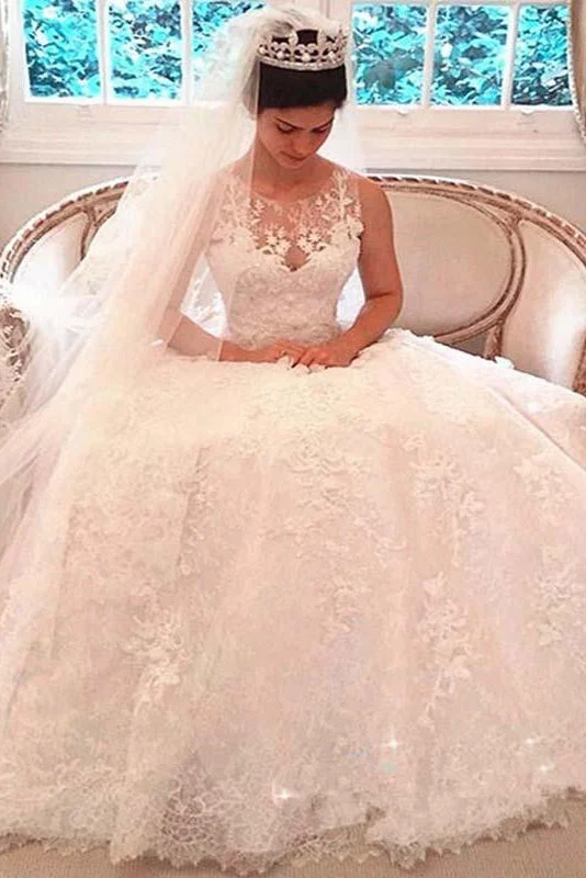 SophisticatedPrincess Shinny Lace Button A Line Wedding Dresses With Trailing OKD52