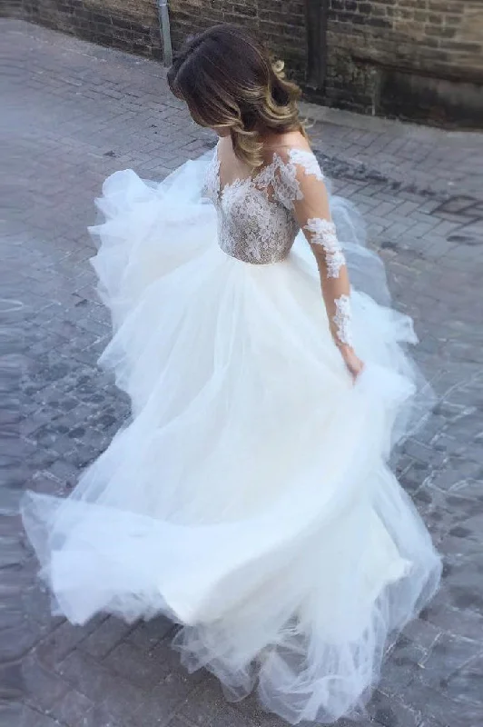 Rebel-glamRomantic Ball Gown Long Sleeves Appliques Ivory Tulle Wedding Dresses Bridal Gown OK888
