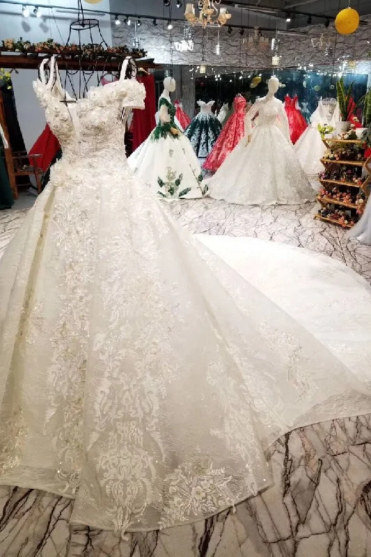 Multi-pocket-styleRomantic Off the Shoulder Lace Up Ball Gowns Wedding Dresses OKE68
