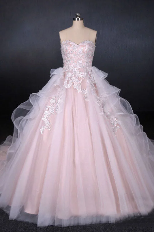 Flower-adornedRomantic Pearl Pink Ball Gown Wedding Dresses, Sweetheart Appliques Bridal Gown OKQ24 Flower-adornedRomantic Pearl Pink Ball Gown Wedding Dresses, Sweetheart Appliques Bridal Gown OKQ24