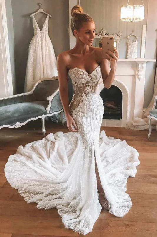 High-fashionSexy Sweetheart Mermaid Ivory Lace Long Wedding Dress Wth Slit OKZ39
