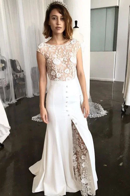 Sleek-dystopianSheath Bateau Cap Sleeves Sweep Train Lace Wedding Dress with Slit OKR36