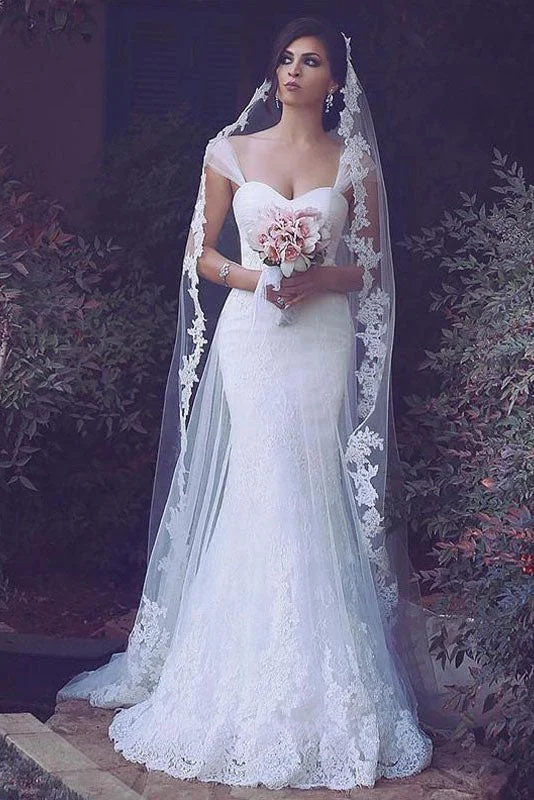 SleekSheath Tulle Brush Train Sweetheart Wedding Dress With Appliques OKH81