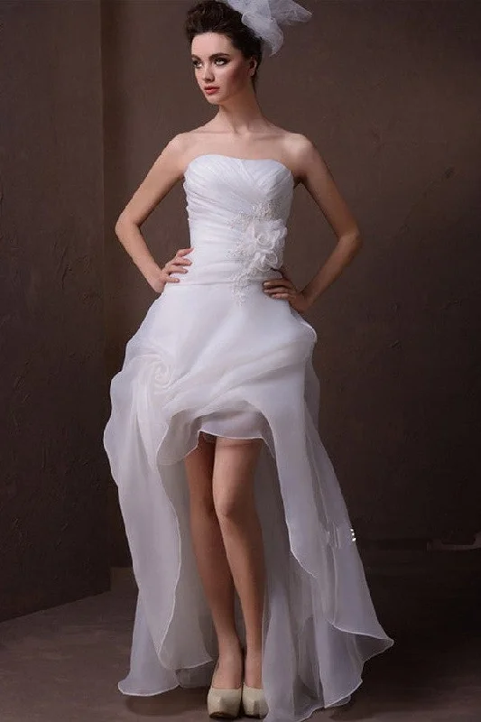 Layered-coolShort Front Long Back Strapless Beach Wedding Dresses W9