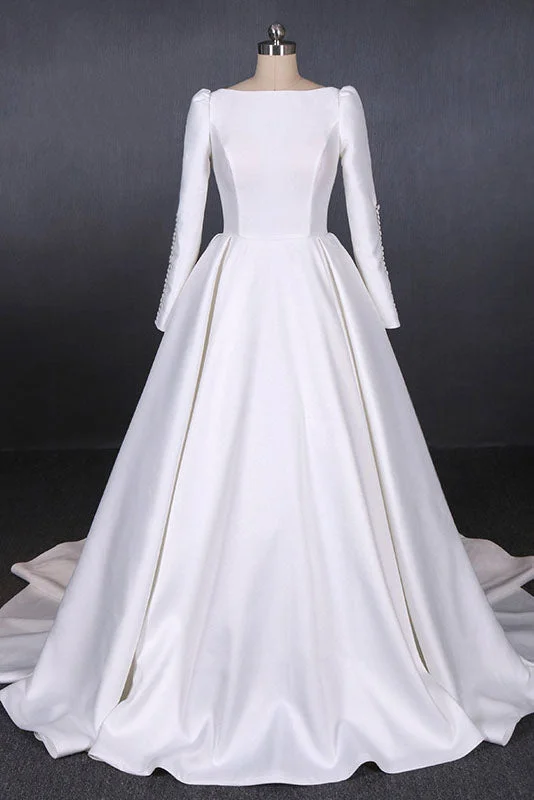 ElegantSimple A Line Long Sleeves Satin Wedding Dresses, New Arrival White Long Bridal Gown OKQ13 ElegantSimple A Line Long Sleeves Satin Wedding Dresses, New Arrival White Long Bridal Gown OKQ13