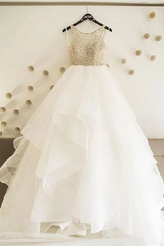 ClassySimple A-line Tulle Wedding Dresses, Cheap Long Prom Dress OKC69