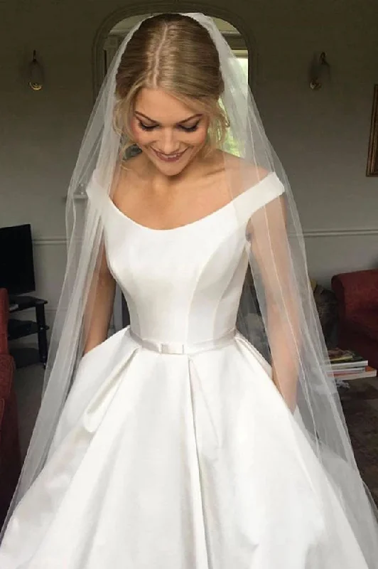Hepburn-esqueSimple Satin Wedding Dress Chapel Train A-line Bridal Dress With Pockets OKW25 Hepburn-esqueSimple Satin Wedding Dress Chapel Train A-line Bridal Dress With Pockets OKW25