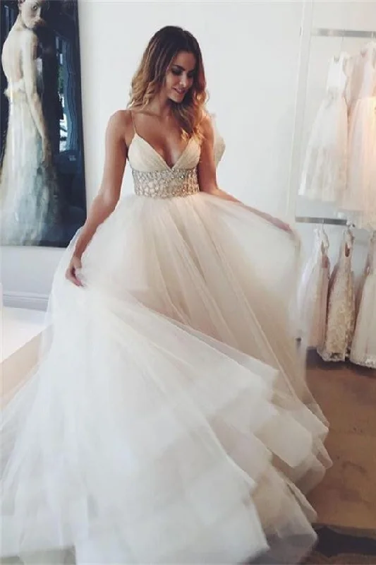 Skate-inspiredSimple Spaghetti Straps Beaded Long V-neck Tulle Beach Wedding Dress W34