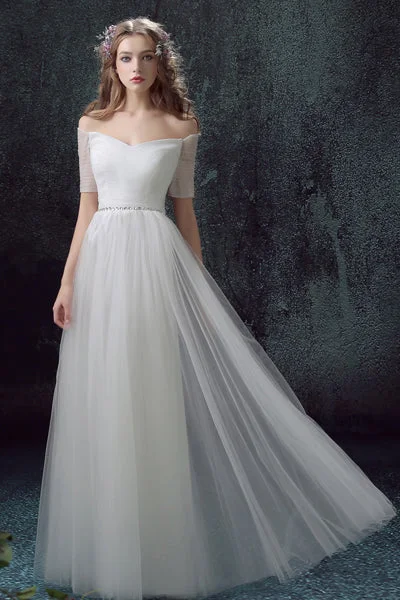 Casual-luxeSimple Tulle Off Shoulder Floor-Length Short Sleeves A-line Lace Up Back Wedding Dresses OK802 Casual-luxeSimple Tulle Off Shoulder Floor-Length Short Sleeves A-line Lace Up Back Wedding Dresses OK802