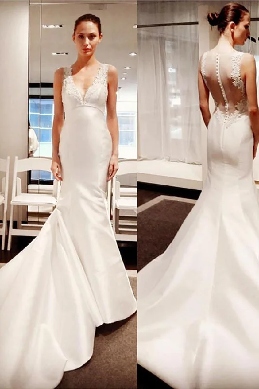 Light & airySleeveless Button Mermaid Gorgeous V-Neck Satin Wedding Dresses With Lace Appliques OK539 Light & airySleeveless Button Mermaid Gorgeous V-Neck Satin Wedding Dresses With Lace Appliques OK539