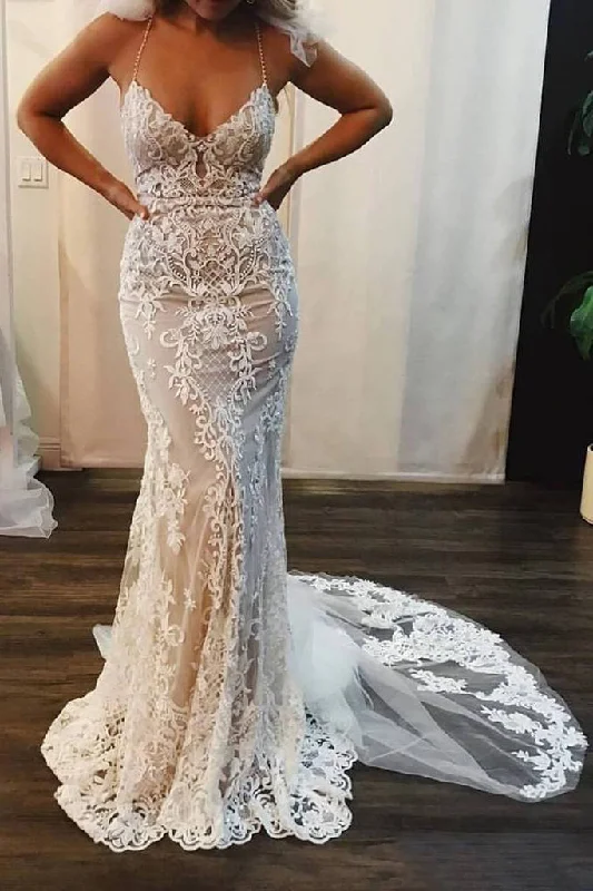 StrikingSpaghetti Strap Mermaid Wedding Dress Lace Appliques Long Bridal Dress OKP77