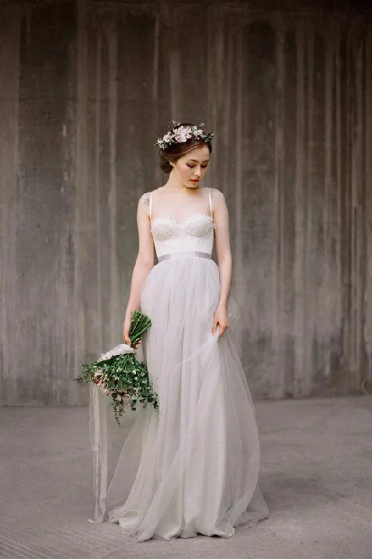 Ultra-flatteringSpaghetti Straps Backless Grey Tulle Long Wedding Dress With Lace Applique OK531 Ultra-flatteringSpaghetti Straps Backless Grey Tulle Long Wedding Dress With Lace Applique OK531