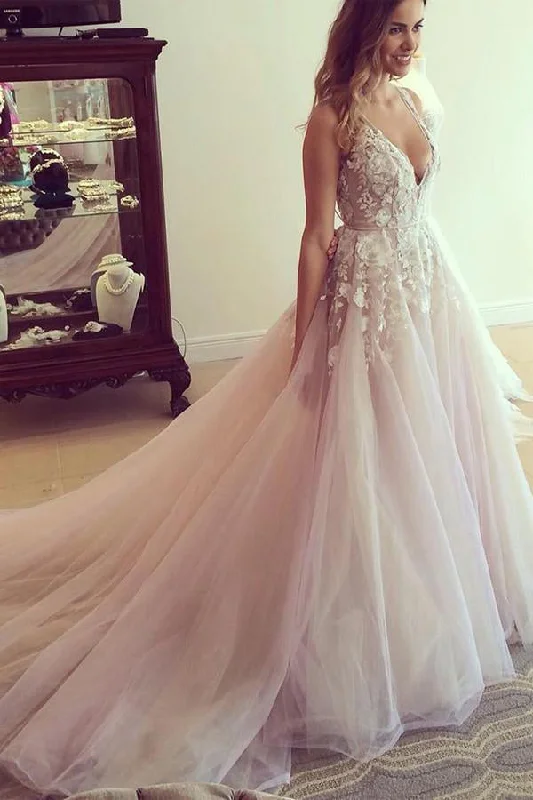 Cutout-detailedSpaghetti Straps V-neck Long Tulle Wedding Dress Prom Dresses with Appliques OK547 Cutout-detailedSpaghetti Straps V-neck Long Tulle Wedding Dress Prom Dresses with Appliques OK547