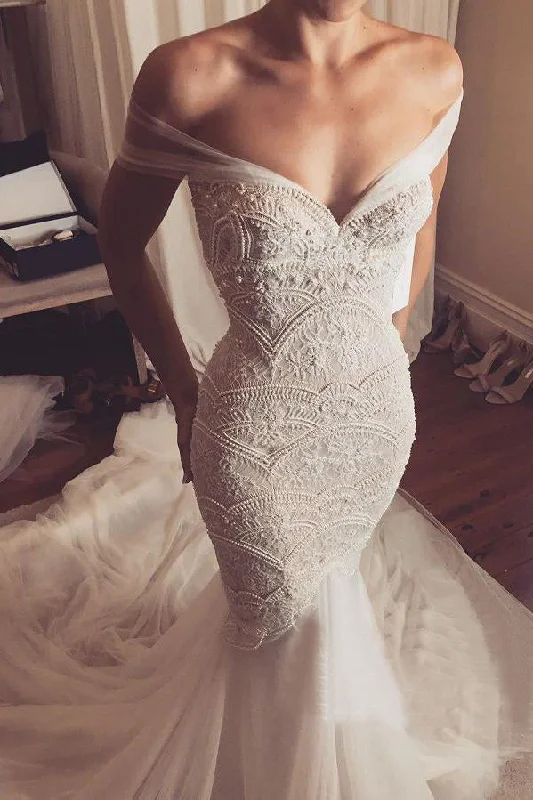 Sophisticated old-worldStunning Lace Mermaid Off-The-Shoulder Tulle Wedding Dress OKU85