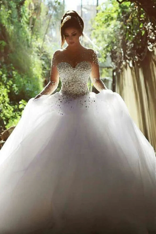 Pared-down-styleStunning Long Sleeves Tulle Ball Gowns Beaded Wedding Dress OKH69