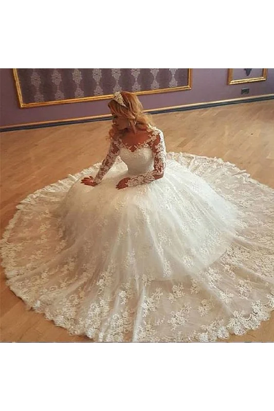 Military-inspiredStunning Tulle Bateau Long Sleeves Ball Gown Wedding Dresses With Lace Appliques OKF24 Military-inspiredStunning Tulle Bateau Long Sleeves Ball Gown Wedding Dresses With Lace Appliques OKF24