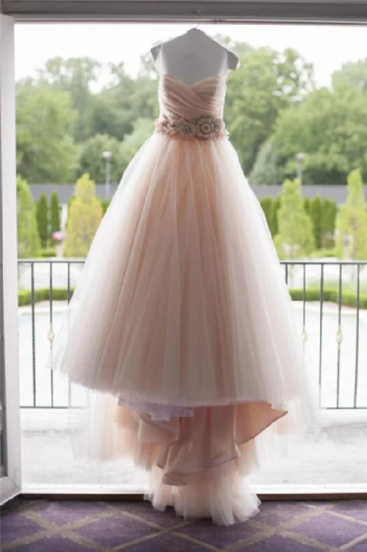 Sensual eleganceSweetheart Strapless Flowers Beading Pleated Blush Pink Wedding Dresses With Court Train OK554