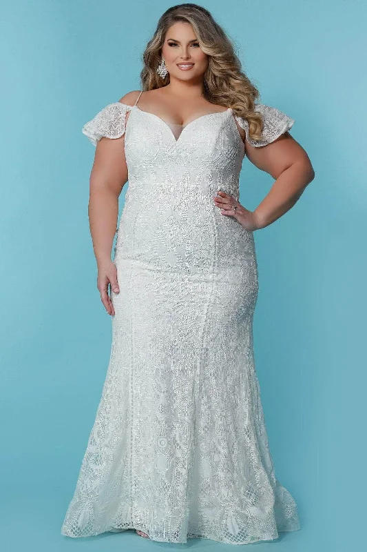 Modern-luxeSydney's Closet Bridal SC5297 - Lace Drape Sleeve V-Neck Wedding Dress