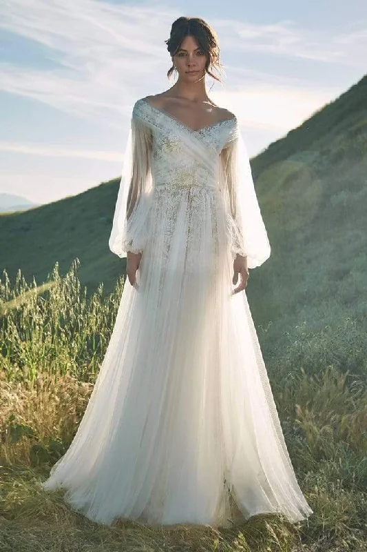 Minimalist-streetTadashi Shoji - Cross Front Bell Sleeve Tulle A-line Dress