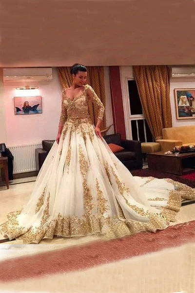 Statement-making glamourV-Neck Prom Dresses With Appliques,Long Sleeves Ball Gowns Wedding Dresses With Chapel Train OK499 Statement-making glamourV-Neck Prom Dresses With Appliques,Long Sleeves Ball Gowns Wedding Dresses With Chapel Train OK499