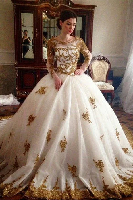 Nordic-inspiredVintage Gold Lace Appliques Beaded Long Sleeves Wedding Dress Ball Gowns OKG81 Nordic-inspiredVintage Gold Lace Appliques Beaded Long Sleeves Wedding Dress Ball Gowns OKG81