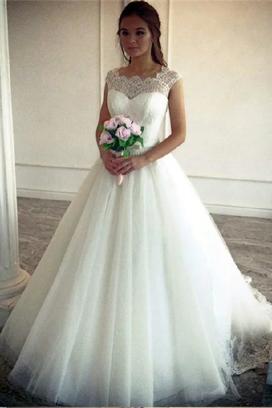 GlamorousPrincess Lace Top Cap Sleeves Tulle Simple Ball Gown Wedding Dresses OKD51