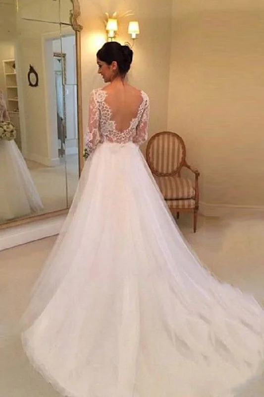 Monochrome-coolWhite A-line Long Sleeves Beading Lace Backless Court Train Wedding Dress OK524 Monochrome-coolWhite A-line Long Sleeves Beading Lace Backless Court Train Wedding Dress OK524