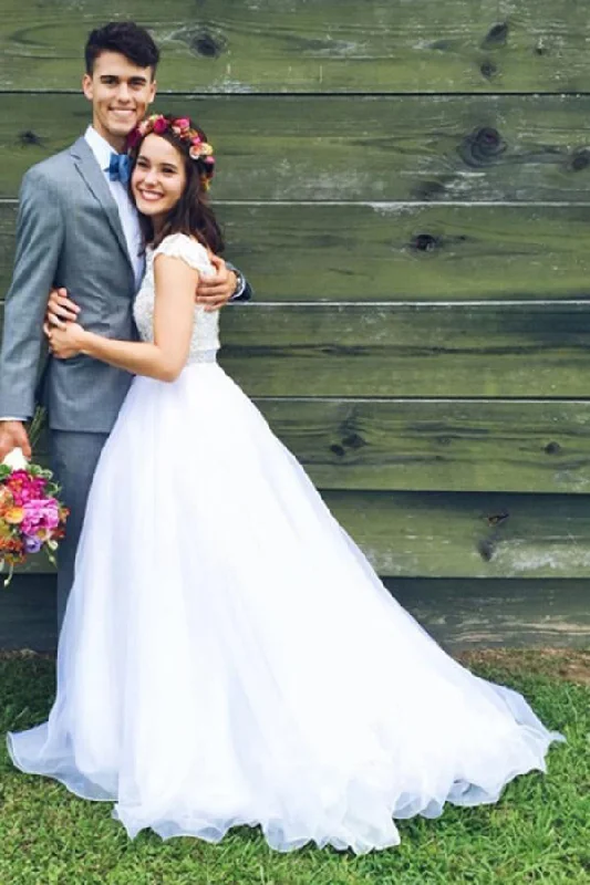 Femme fataleWhite Bateau Neck A-line Beading Organza Long Wedding Dresses OK552