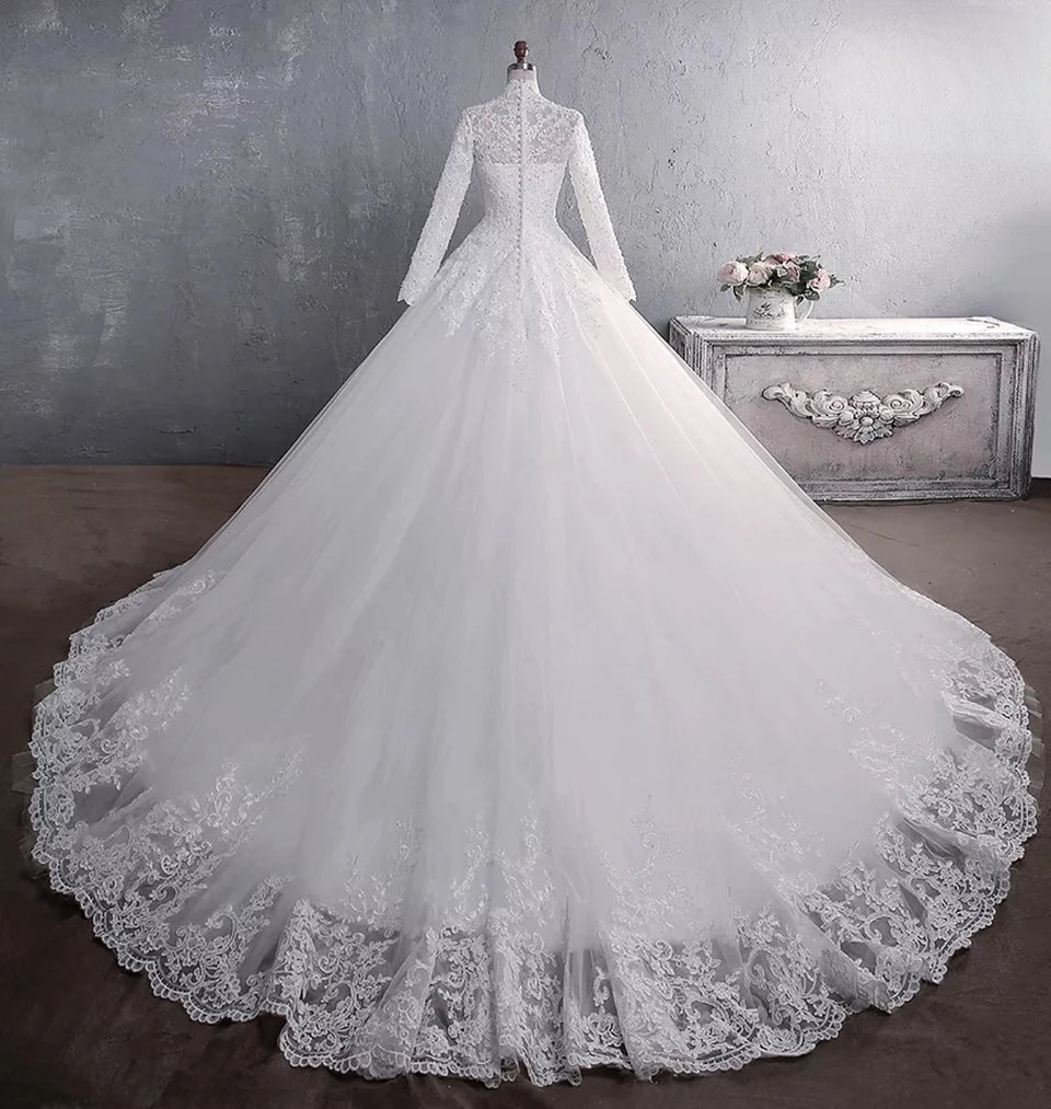 Minimal-glamWedding Dress Lace Appliques Beading Sequins Bride Dresses High Neck