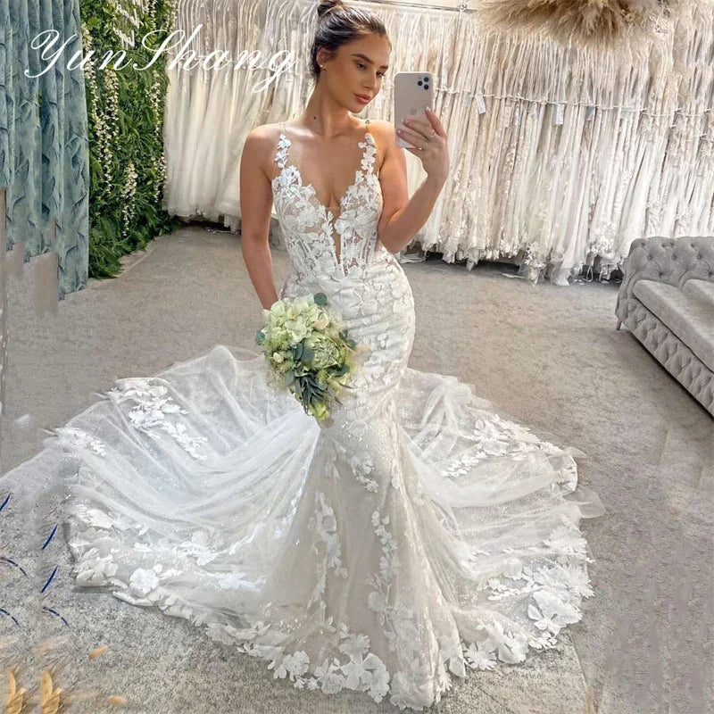 Fairycore aestheticMermaid Wedding Dresses Women Lace Open Back V-Neck Applique Spaghetti Fairycore aestheticMermaid Wedding Dresses Women Lace Open Back V-Neck Applique Spaghetti