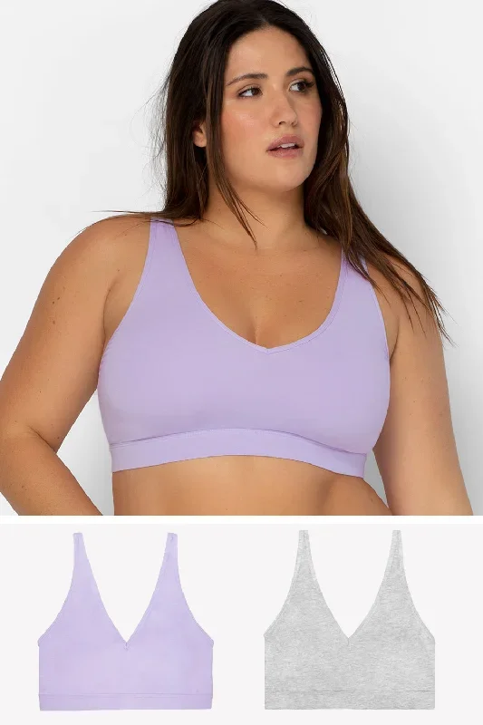 Comfort Cotton Plunge Bralette 2 Pack | Lilac Iris Cotton/Light Grey Heather Cotton