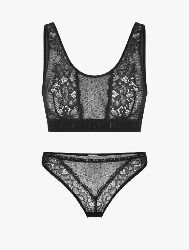 ELLE 24/7 Lace Crop Bralette & Thong Set - Black Beauty