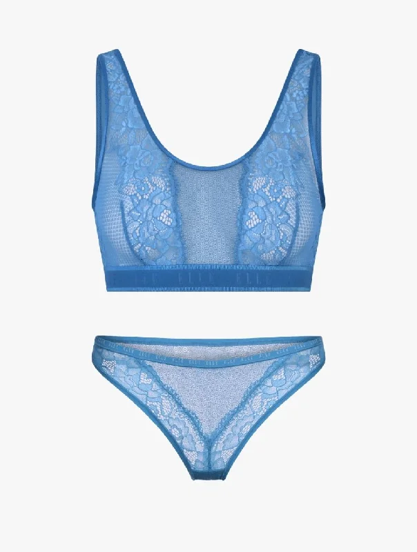 ELLE 24/7 Lace Crop Bralette & Thong Set - Blue