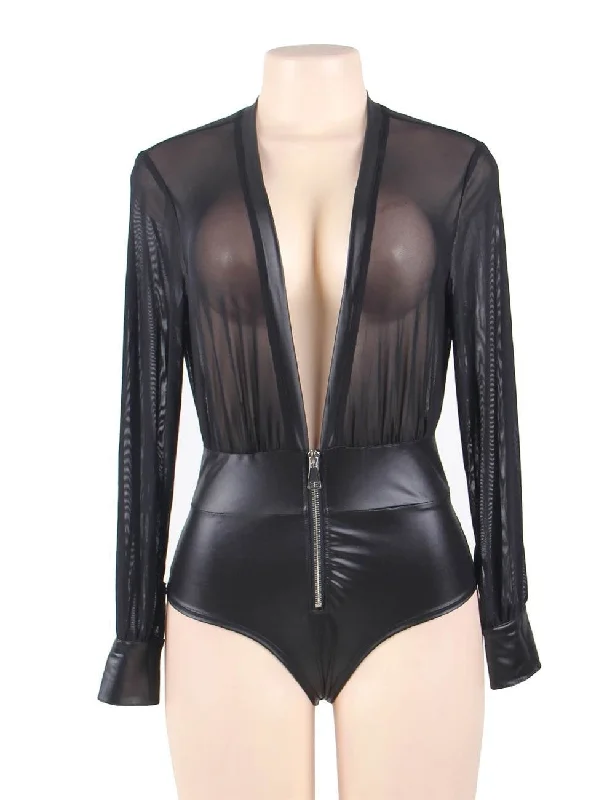 Plus Everlasting Love Vneck Leather Bodysuit Lingerie