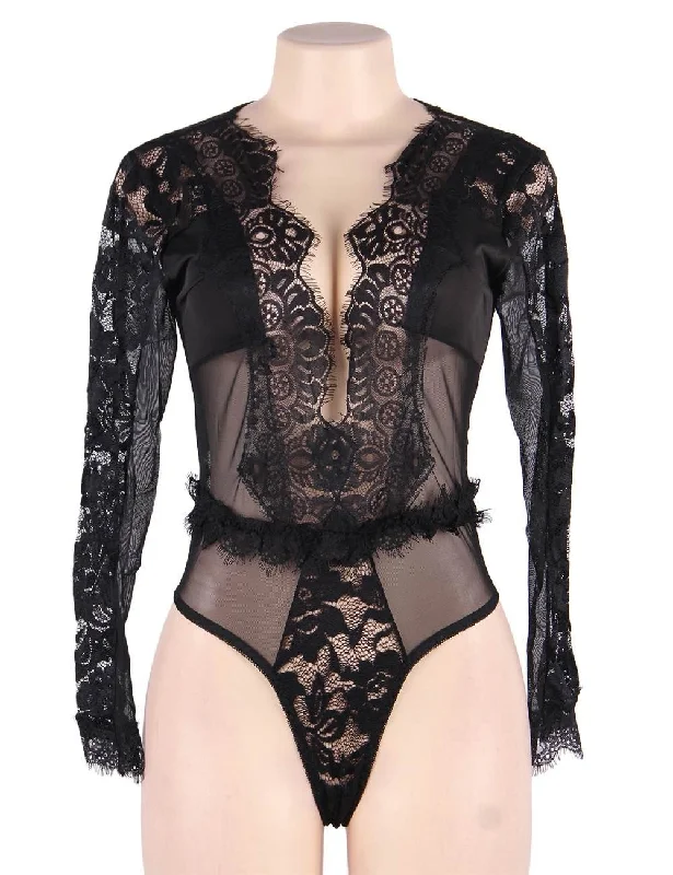 Plus Hold My Hand Long Sleeve Teddy Floral Lace Lingerie