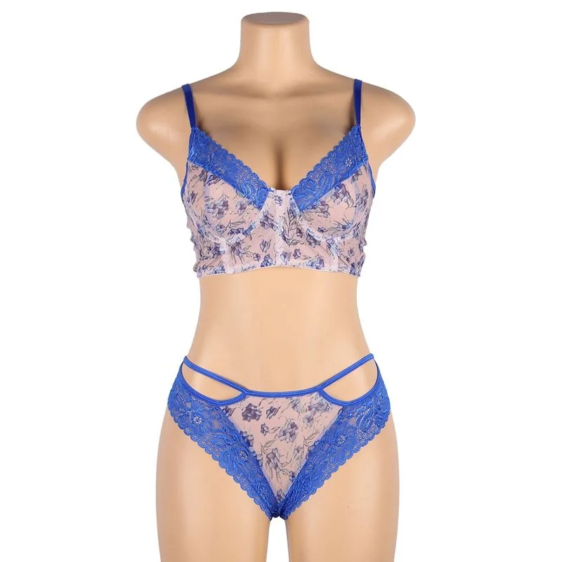 Plus Miss Perfect Blue Cross Straps Bra Lingerie Set