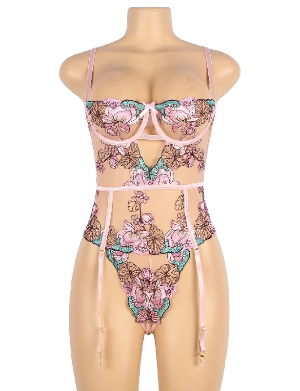 Plus Petals Passion Floral Open Crotch Pink Teddy Lingerie