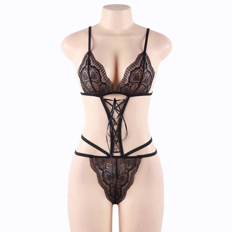 Plus Pleasing Strings Sheer Lace Lingerie Set